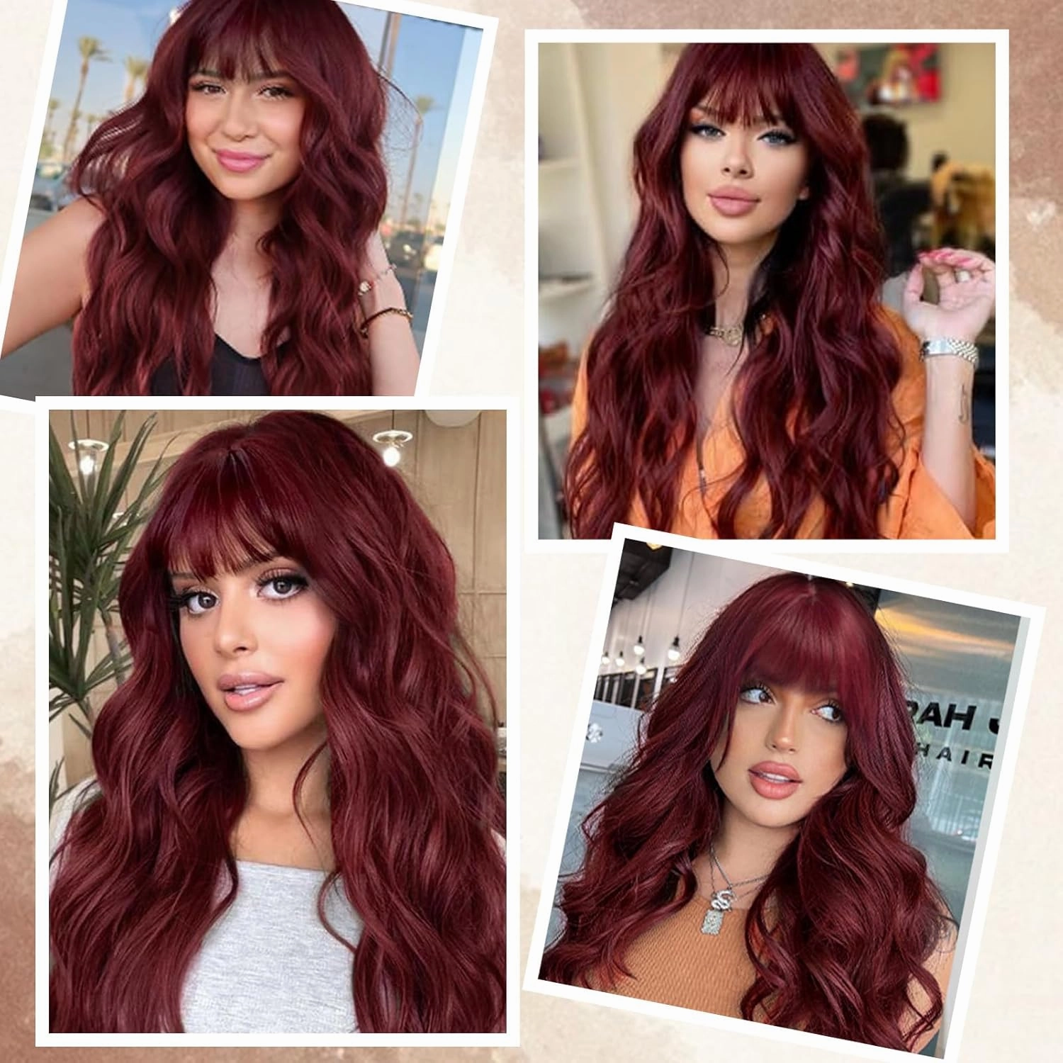 Burgundy Wig with Bangs for Women Long Burgundy Wavy Wigs 26 Inch Dark Red Wigs Natural Looking Heat Resistant Synthetic Wig for Daily Party Use
