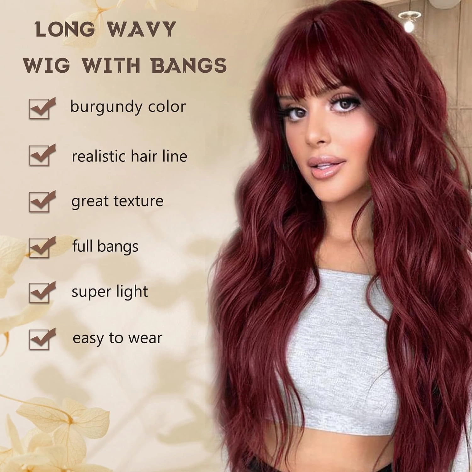 Burgundy Wig with Bangs for Women Long Burgundy Wavy Wigs 26 Inch Dark Red Wigs Natural Looking Heat Resistant Synthetic Wig for Daily Party Use