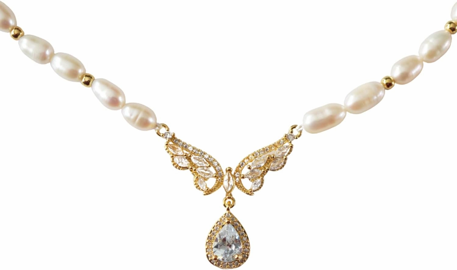 Butterfly 18K Gold Plated Teardrop Zircon pendant Freshwater Pearl Necklace