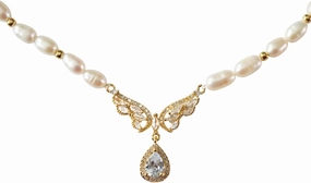 Butterfly 18K Gold Plated Teardrop Zircon pendant Freshwater Pearl Necklace