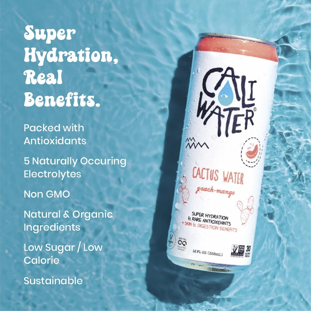 Caliwater - Organic Cactus Water - Peach Mango - 6g Sugar, 30 Calories - Coconut Water Alternative - Natural Plant Based Hydration - Skin Care, Electrolyte Drinks - Flavored Water - 12 Cans