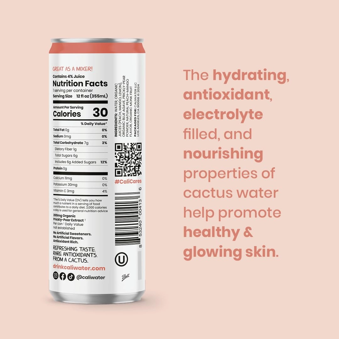 Caliwater - Organic Cactus Water - Peach Mango - 6g Sugar, 30 Calories - Coconut Water Alternative - Natural Plant Based Hydration - Skin Care, Electrolyte Drinks - Flavored Water - 12 Cans