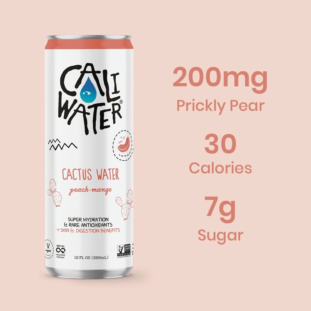 Caliwater - Organic Cactus Water - Peach Mango - 6g Sugar, 30 Calories - Coconut Water Alternative - Natural Plant Based Hydration - Skin Care, Electrolyte Drinks - Flavored Water - 12 Cans