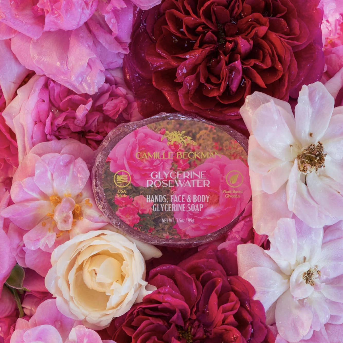 Camille Beckman Essentials Gift Basket - Rosewater Glycerine Hand Therapy 6 oz, Silky Body Cream 13 oz, Hand & Shower Cleansing Gel 13 oz, Glycerine Soap 3.5 oz