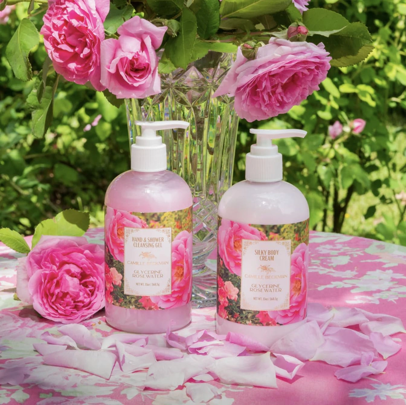Camille Beckman Essentials Gift Basket - Rosewater Glycerine Hand Therapy 6 oz, Silky Body Cream 13 oz, Hand & Shower Cleansing Gel 13 oz, Glycerine Soap 3.5 oz