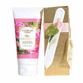Camille Beckman Romantic Manicure Gift Set, Glycerine Rosewater, Glycerine Hand Therapy 6 oz, Premium Crystal Nail File
