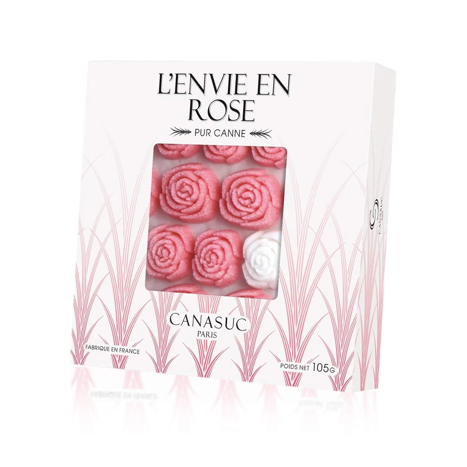 Canasuc Paris, L' Envie en Rose Pur Sucre de Canne,"Window Gift Box" of 36 Assorted French Molded Rose Sugar Pieces, White & Rose, 3.35 Oz