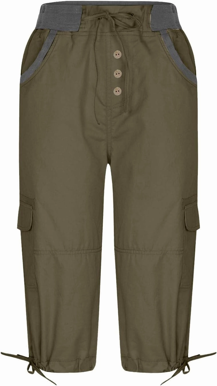 Cargo Capri Pants Women Plus Size Elastic Waist Drawstring Adjustable Legs Summer Casual Comfy Hiking Capris