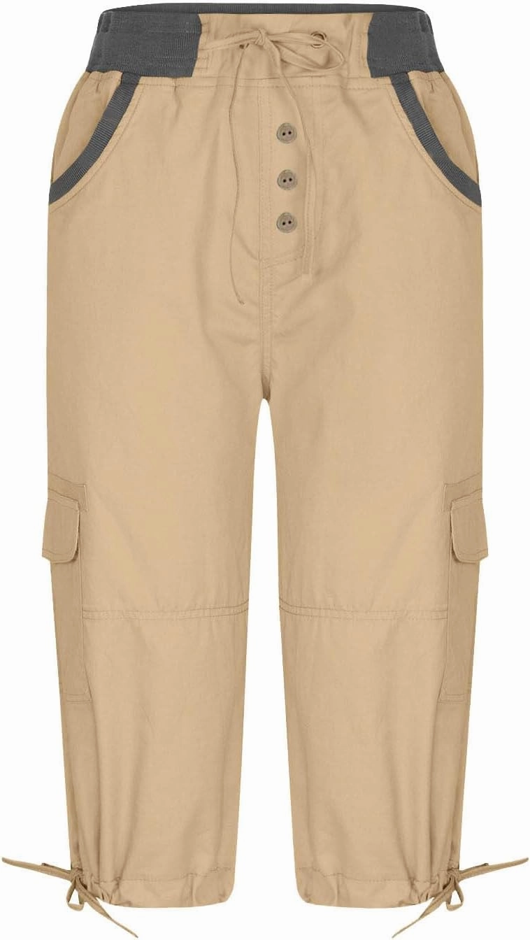 Cargo Capri Pants Women Plus Size Elastic Waist Drawstring Adjustable Legs Summer Casual Comfy Hiking Capris