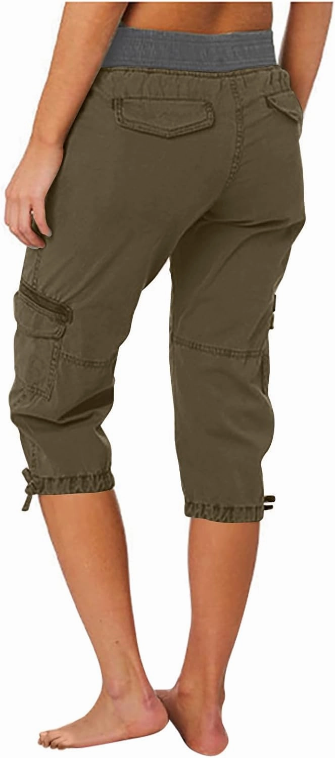Cargo Capri Pants Women Plus Size Elastic Waist Drawstring Adjustable Legs Summer Casual Comfy Hiking Capris