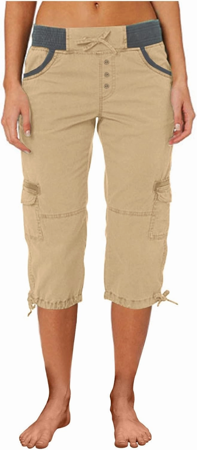 Cargo Capri Pants Women Plus Size Elastic Waist Drawstring Adjustable Legs Summer Casual Comfy Hiking Capris