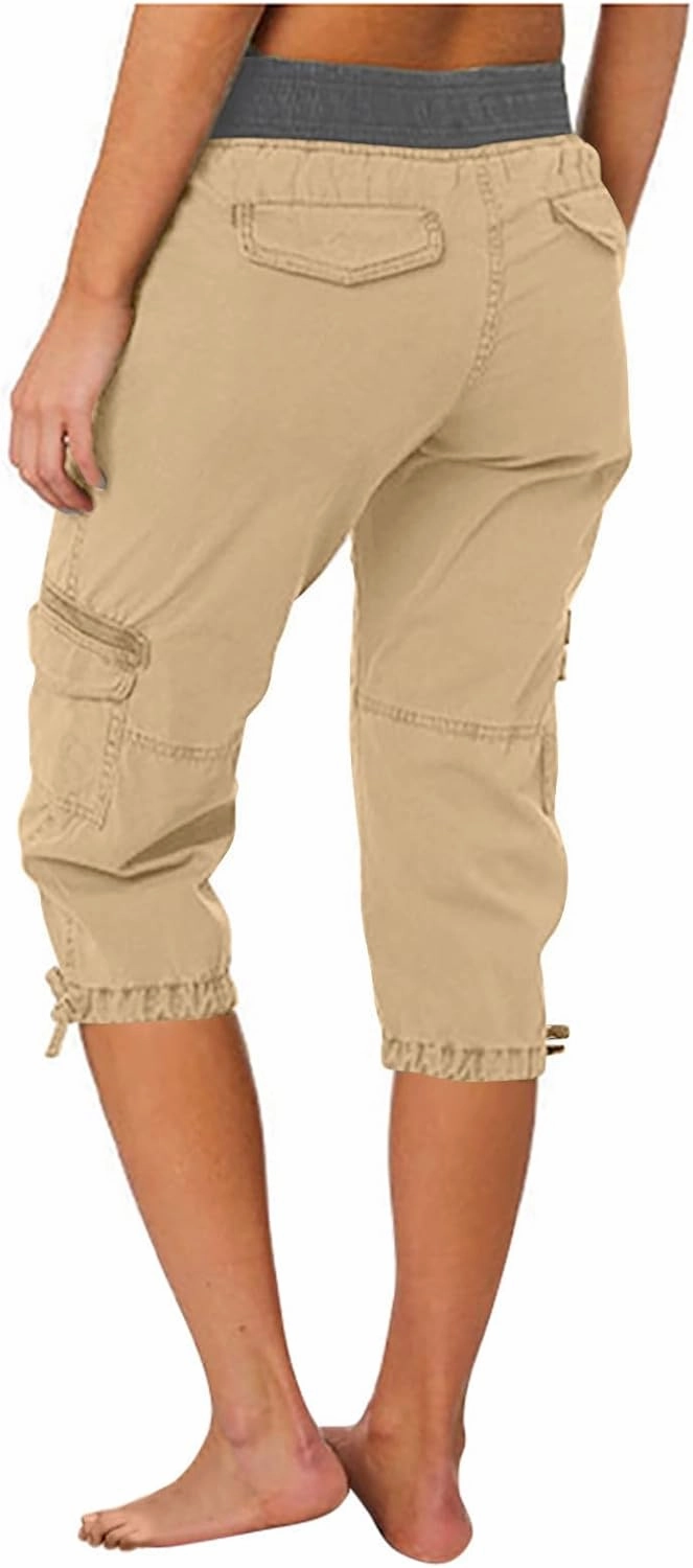 Cargo Capri Pants Women Plus Size Elastic Waist Drawstring Adjustable Legs Summer Casual Comfy Hiking Capris