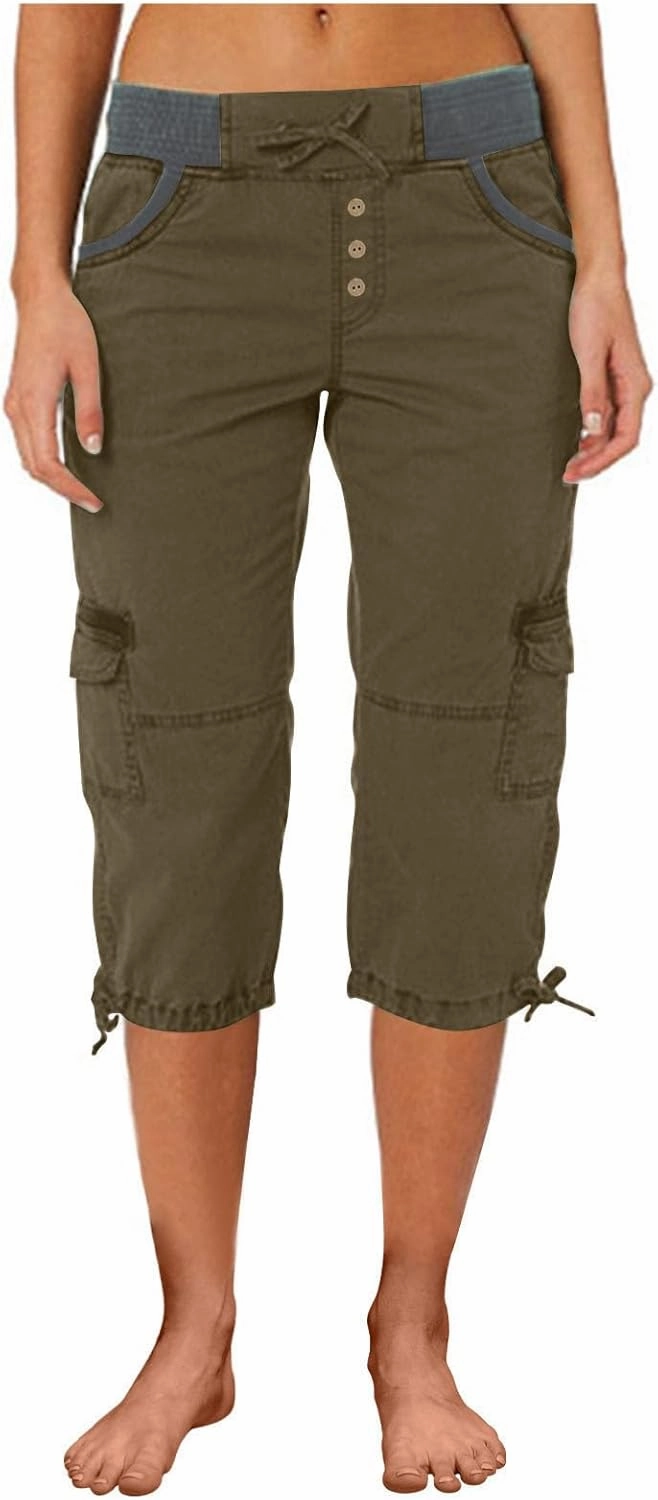 Cargo Capri Pants Women Plus Size Elastic Waist Drawstring Adjustable Legs Summer Casual Comfy Hiking Capris