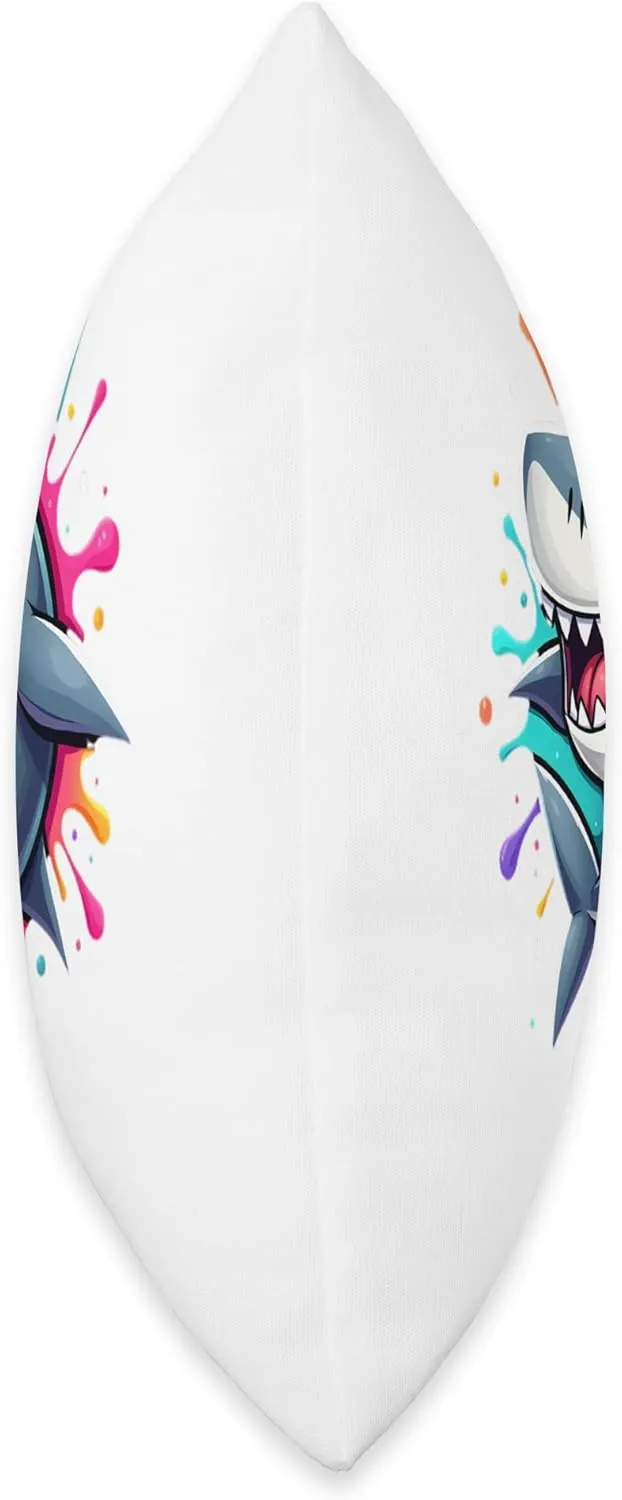 Cartoon Shark with Colorful Paint Splashes Smiling Throw Pillow