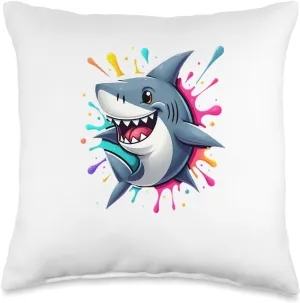 Cartoon Shark with Colorful Paint Splashes Smiling Throw Pillow