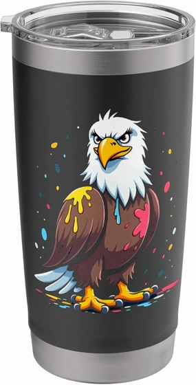 Cartoon Bald Eagle with Paint Splashes and Serious Look Stainless Steel Insulated Tumbler