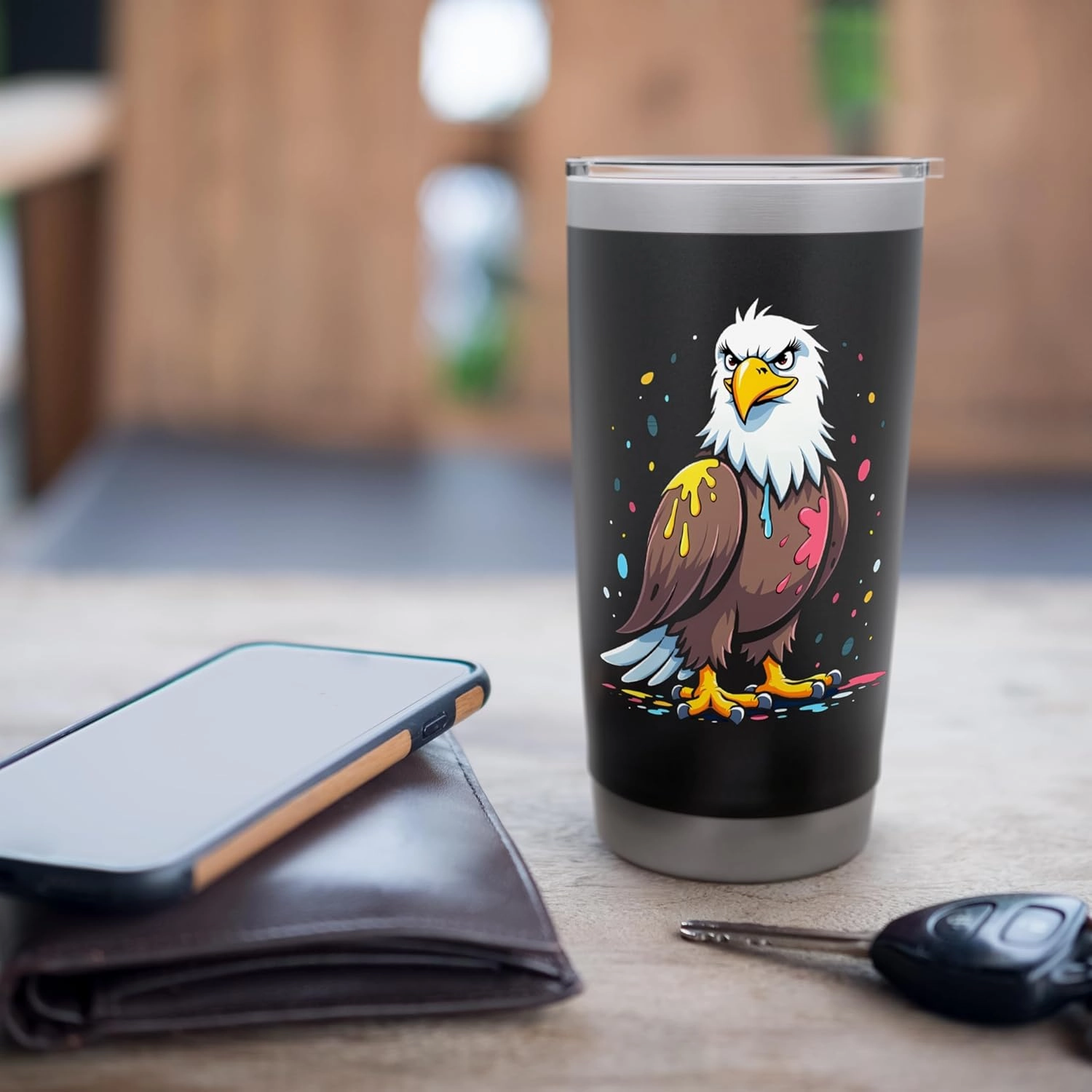 Cartoon Bald Eagle with Paint Splashes and Serious Look Stainless Steel Insulated Tumbler