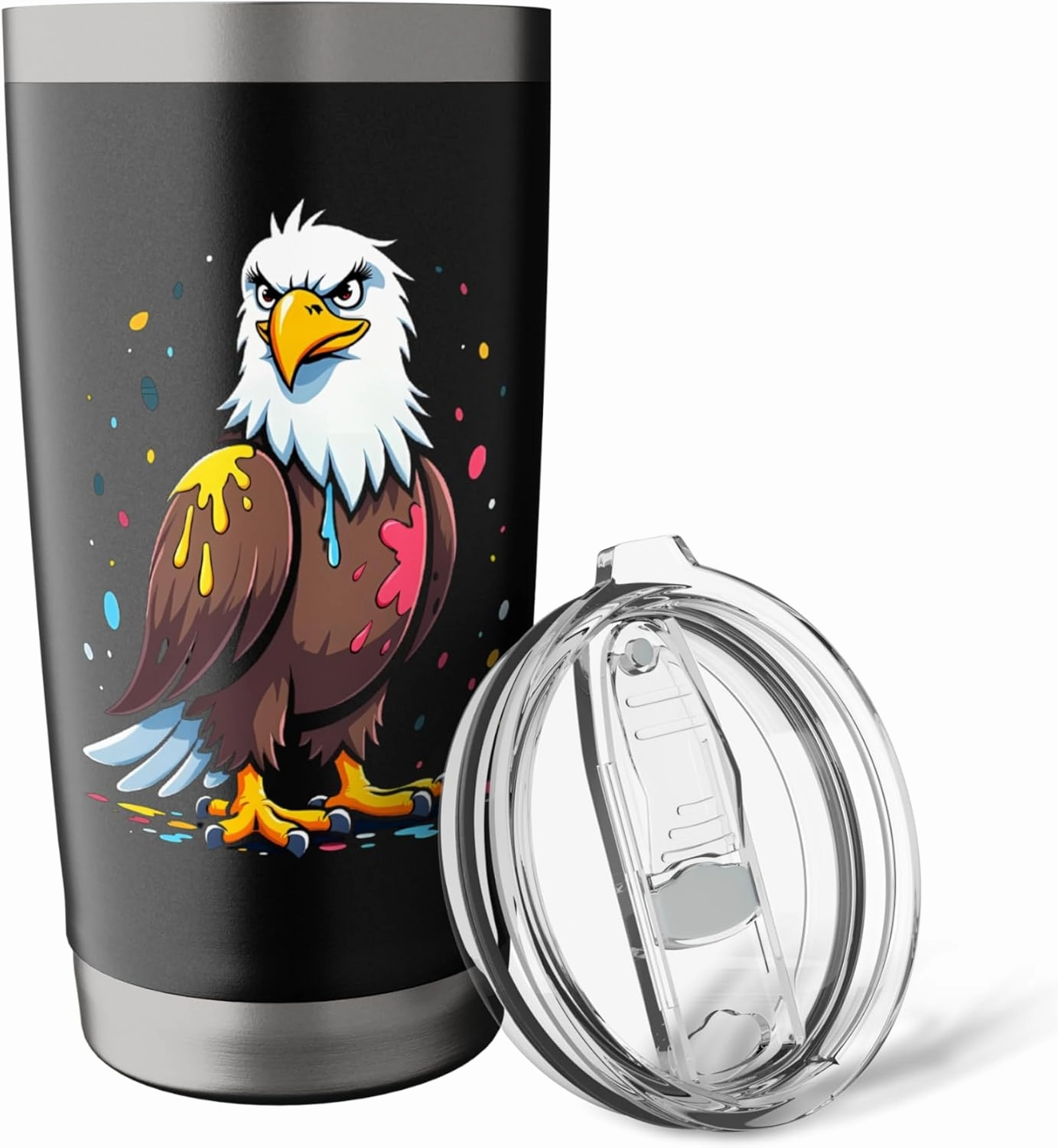 Cartoon Bald Eagle with Paint Splashes and Serious Look Stainless Steel Insulated Tumbler