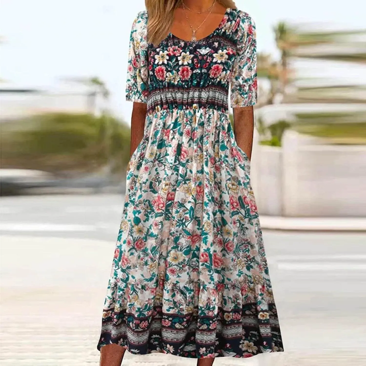 Casual Dresses for Women 2024 Boho Floral Print Dress Short Sleeve Pleated Dresses Trendy Beach Clothing with Clothing