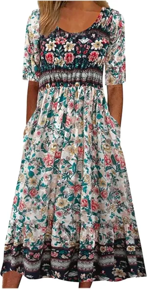 Casual Dresses for Women 2024 Boho Floral Print Dress Short Sleeve Pleated Dresses Trendy Beach Clothing with Clothing