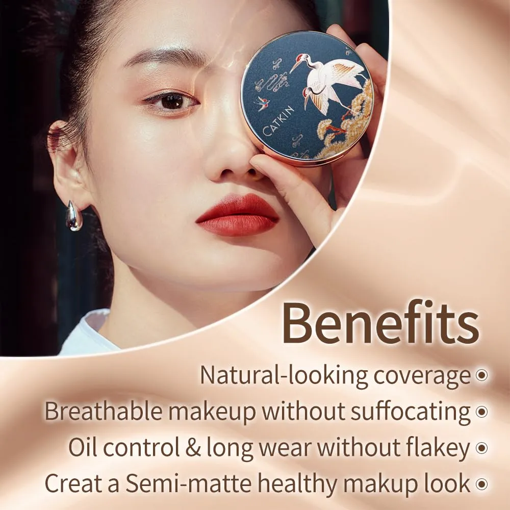 Catkin Phoenix Cushion Foundation Buildable Coverage Anti-Aging Serum Makeup, Sheer Satin Finish, Refill Included, Light Beige 0.46 Oz x 2, C01 Natural Beige