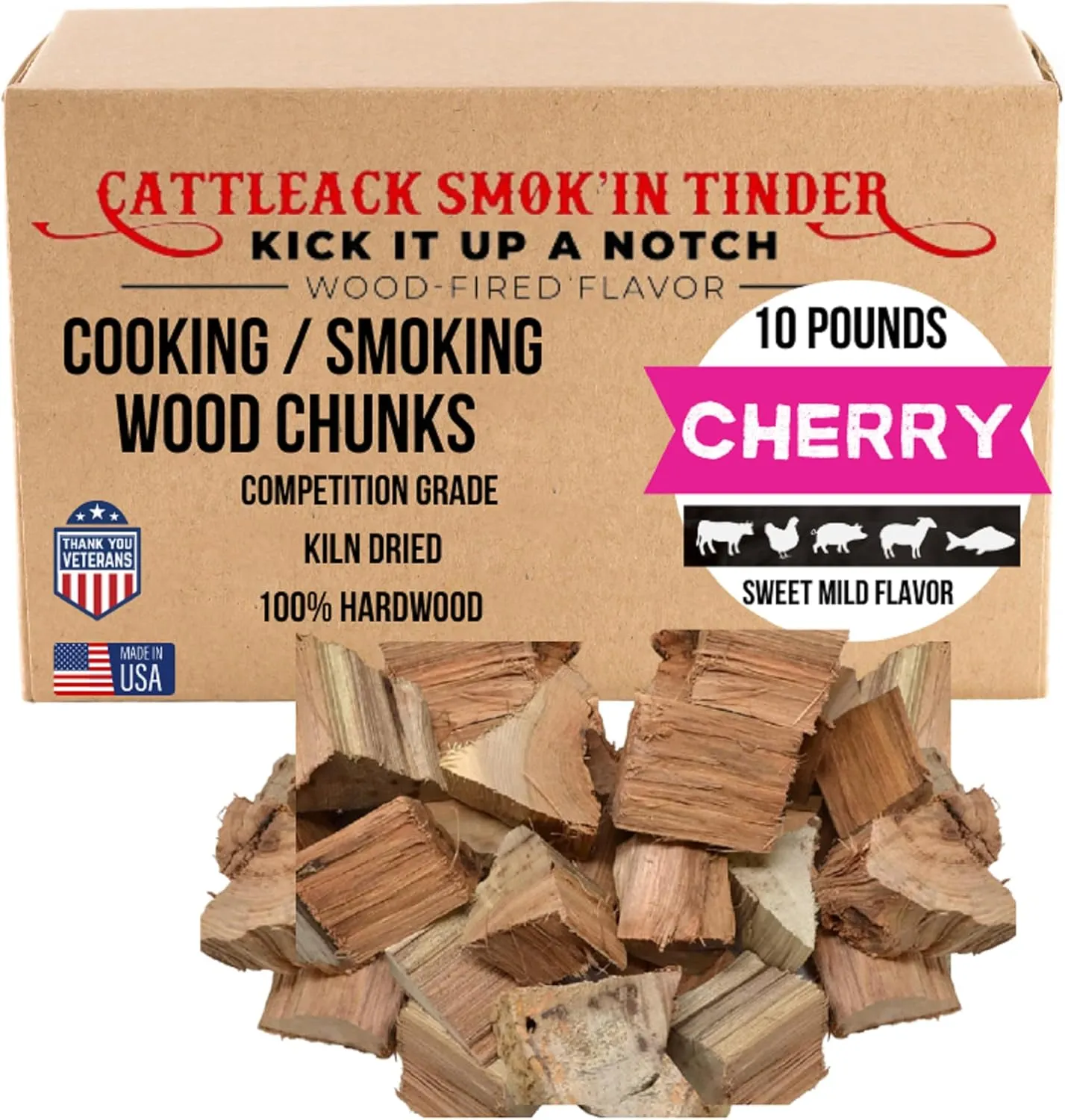 Cattleack Smok'in Tinder Wood Chunks for Smoking Meat, Elevate Your BBQ with Premium Grilling Chunks, Approx.10 lbs All-Natural Kiln-Dried Smoking Wood, Proudly from USA, Grill Like a Pro (Cherry)