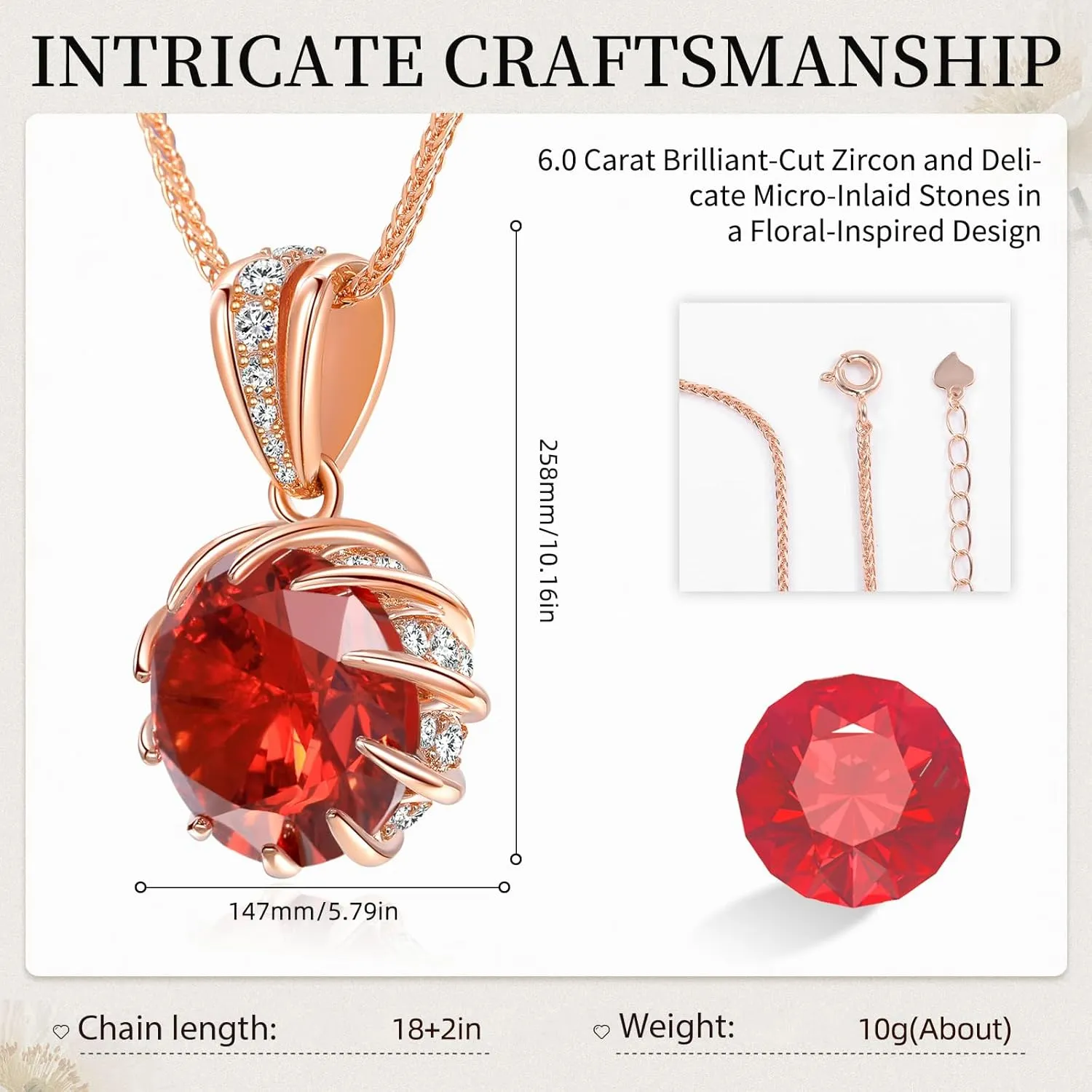 CeaKIev 6.0Carat (12.0mm) Round Cubic Zirconia Pendant Necklace 41 Accent Diamond-Cut Stones 18K Gold Platecd Rose Gold Chain Adjustable (18" 2") Women’s Necklace