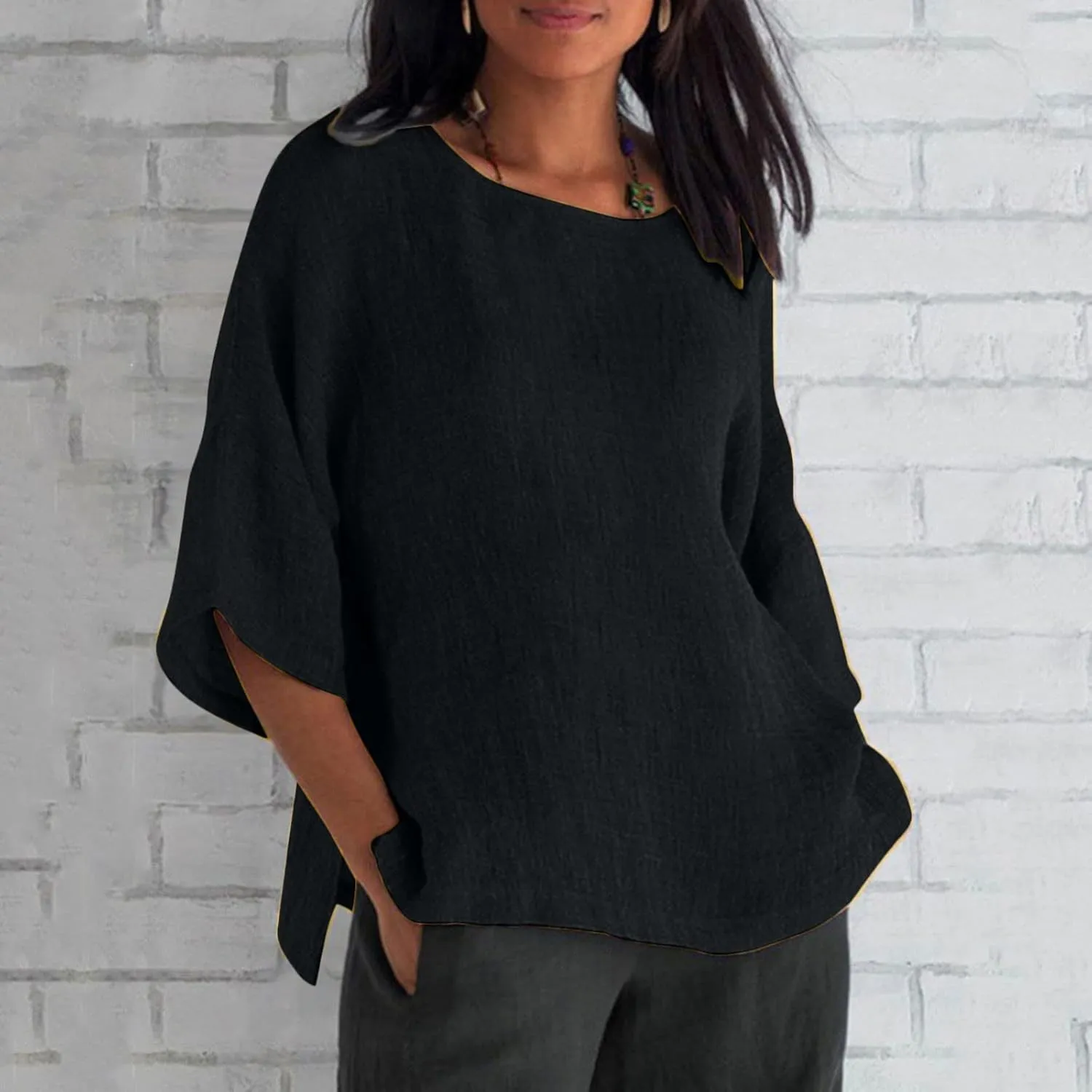 Ceboyel Cotton Linen Tops for Women 3/4 Sleeve Crewneck Tunic Blouses Dressy Causal Gauze Shirts Ladies Summer Clothing 2025