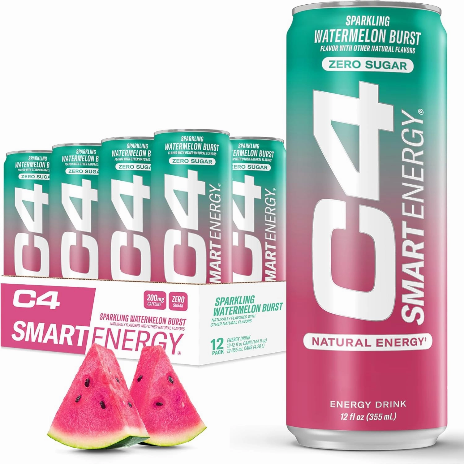 Cellucor C4 Smart Energy Drink ‚ Boost Focus and Energy with Zero Sugar, Natural Energy, and Nootropics - 200mg Caffeine - Watermelon Burst (12oz Pack of 12)