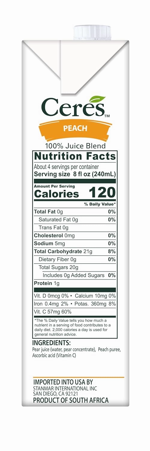 Ceres 100% All Natural Pure Fruit Juice Blend - Delicious Peach Edition - Rich in Vitamin C, No Added Sugar or Preservatives, Cholesterol Free, Gluten Free - 33.8 FL OZ (Pack of 6)
