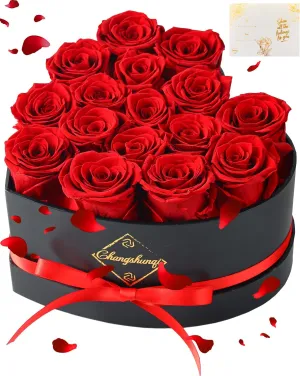 Changshunqi 16 Flowers Forever Preserved Roses in a Heart Box, Preserved Flowers Womens Birthday Gifts for Women Mothers Day Gift, Eternal Real Rose Anniversary Romantic Woman Gifts for Mom Her Wife