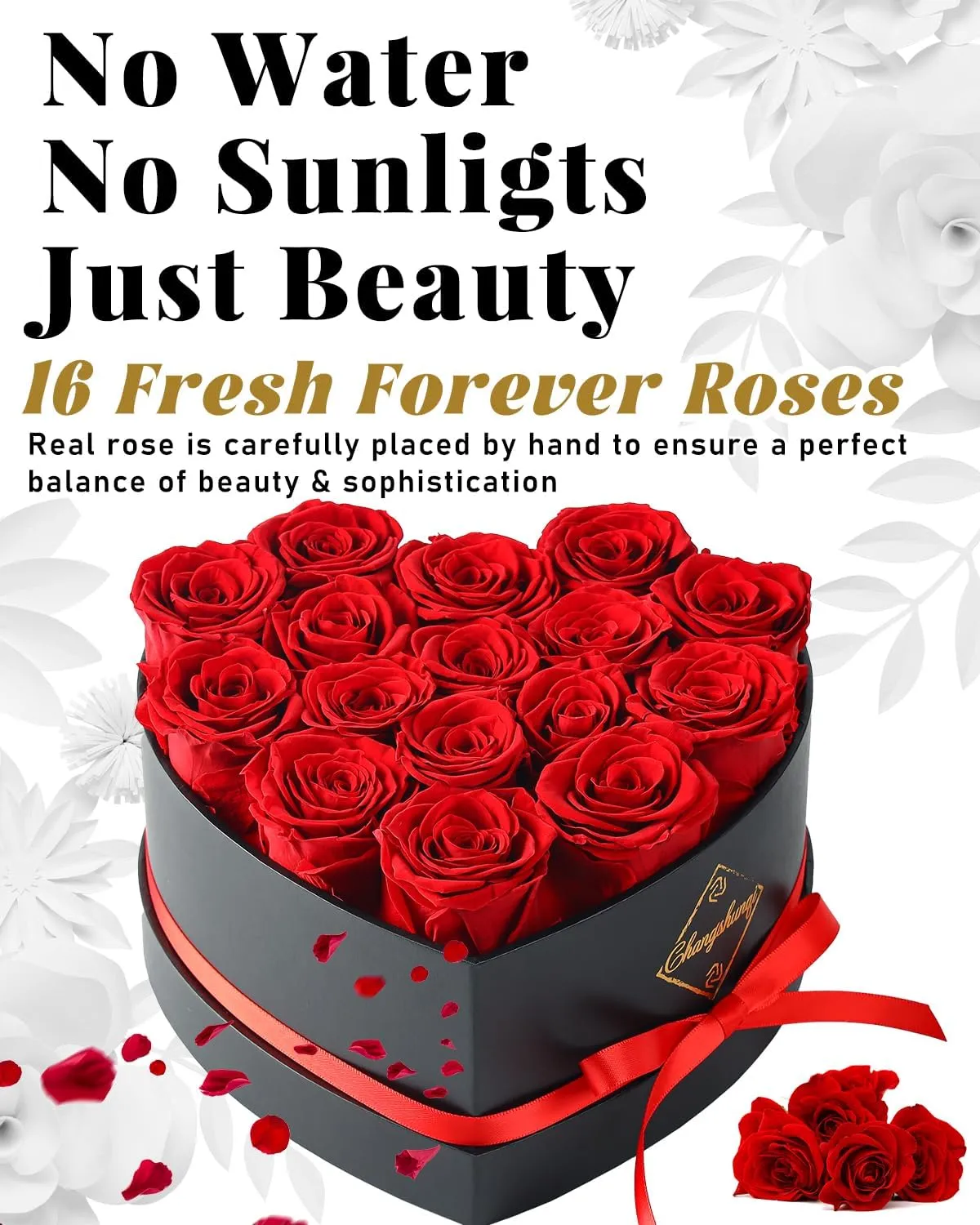 Changshunqi 16 Flowers Forever Preserved Roses in a Heart Box, Preserved Flowers Womens Birthday Gifts for Women Mothers Day Gift, Eternal Real Rose Anniversary Romantic Woman Gifts for Mom Her Wife