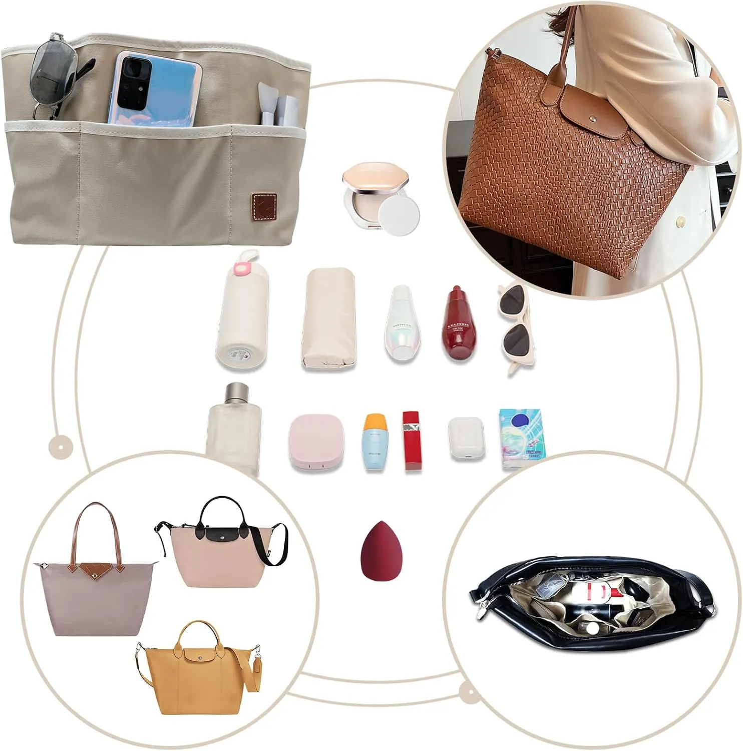 Chispee Purse Organizer Insert for Handbags Bag Organizer Waterproof Without Pilling 12 Pockets Storage Insert Bag Fits Longchamp Speedy Neverful(Beig, L