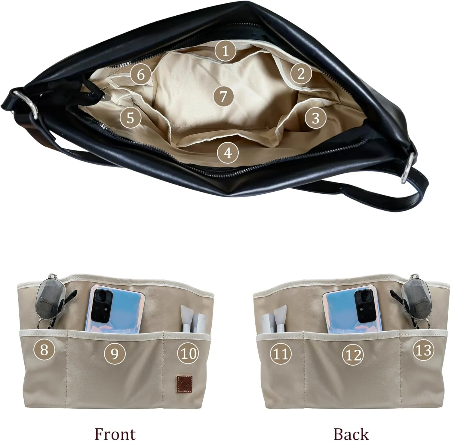 Chispee Purse Organizer Insert for Handbags Bag Organizer Waterproof Without Pilling 12 Pockets Storage Insert Bag Fits Longchamp Speedy Neverful(Coffee, L