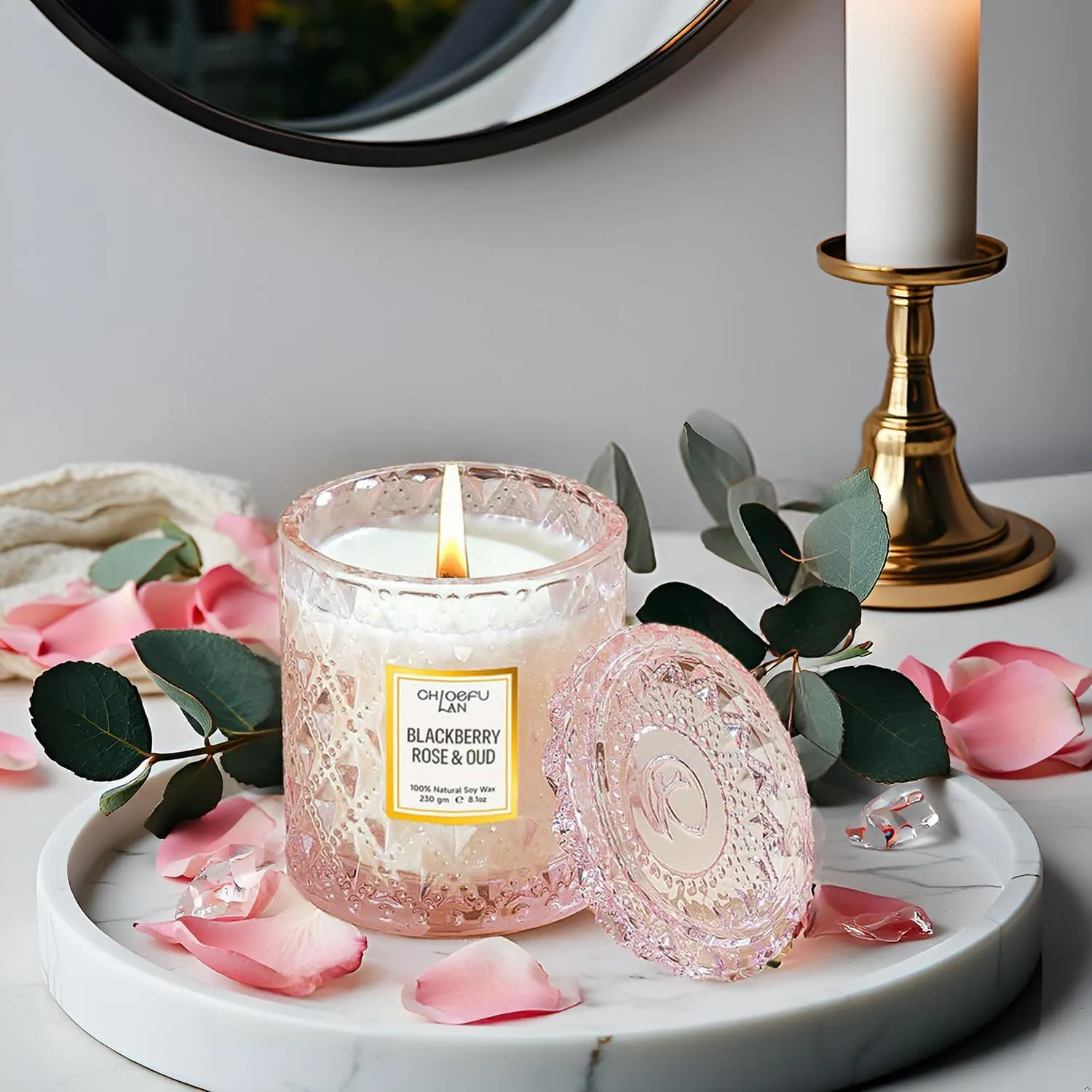 Chloefu LAN Rose Scented Candle, Oud Candle, Mothers Day Candles Gifts for Women, Pink Candles for Home Scented, 55 Hours Long Burning, 100% Natural Soy Wax