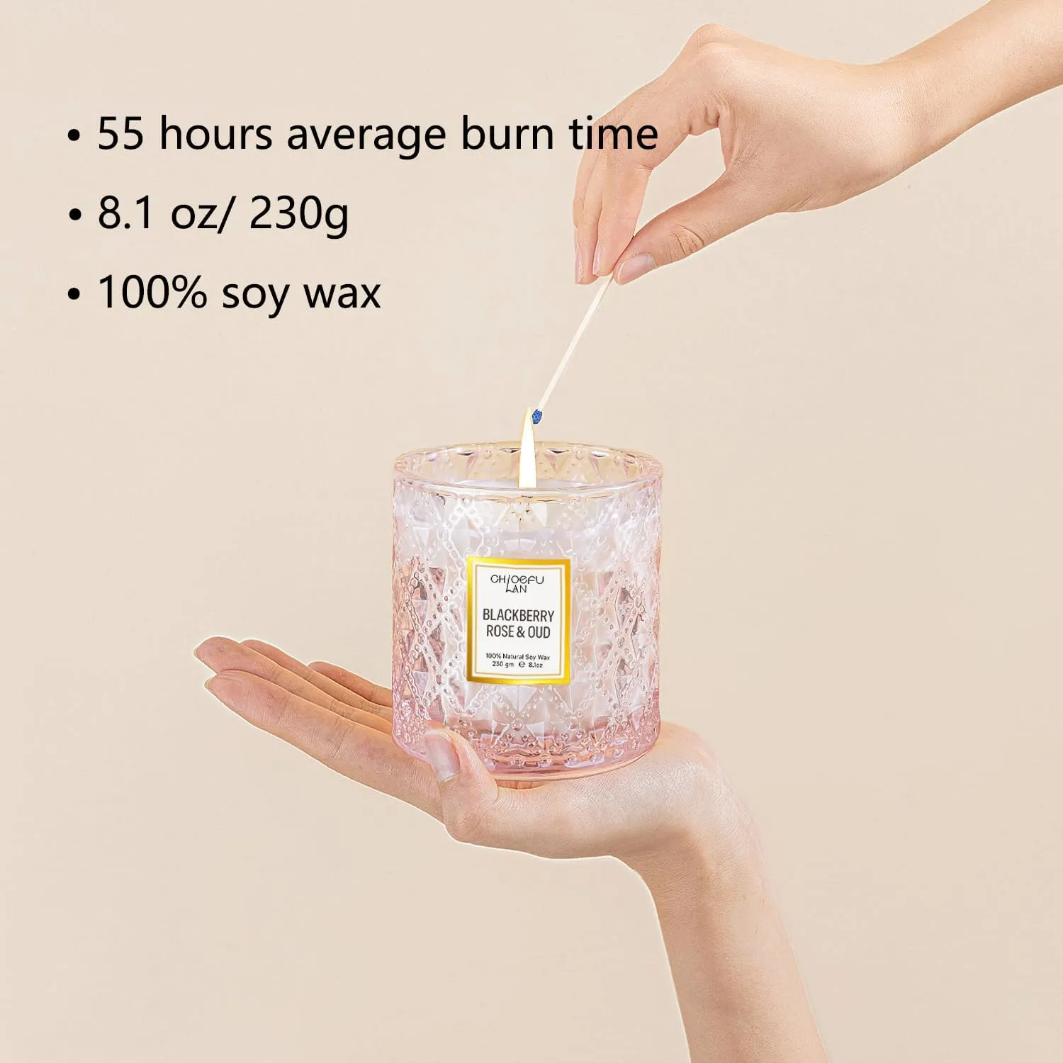 Chloefu LAN Rose Scented Candle, Oud Candle, Mothers Day Candles Gifts for Women, Pink Candles for Home Scented, 55 Hours Long Burning, 100% Natural Soy Wax
