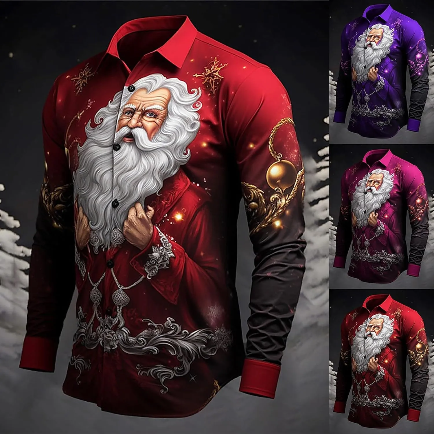 Christmas Hawaiian Shirt for Men Ugly Funny Slim Fit Santa Printed Dress Shirts Long Sleeve Button Down Holiday Shirt