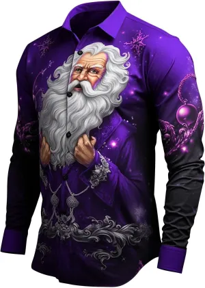 Christmas Hawaiian Shirt for Men Ugly Funny Slim Fit Santa Printed Dress Shirts Long Sleeve Button Down Holiday Shirt