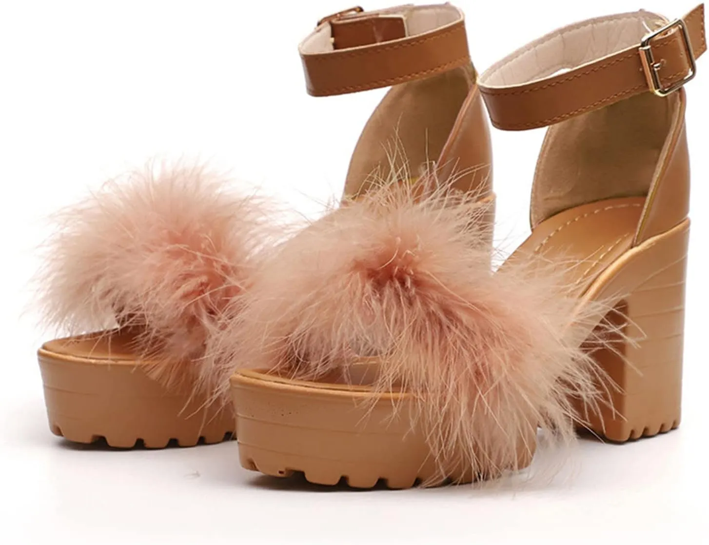 Chunky Heels for Women Feather Platform Heels Open Toe High Heels Ankle Strap Fuzzy Buckle Block Heeled Shoes Party
