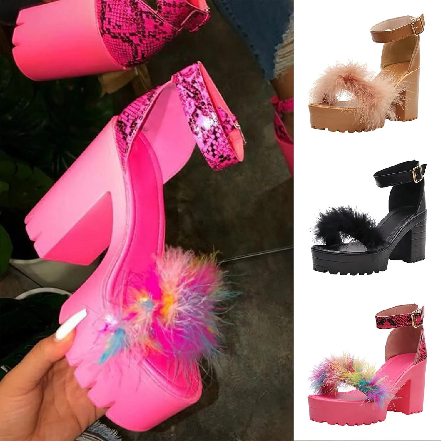 Chunky Heels for Women Feather Platform Heels Open Toe High Heels Ankle Strap Fuzzy Buckle Block Heeled Shoes Party