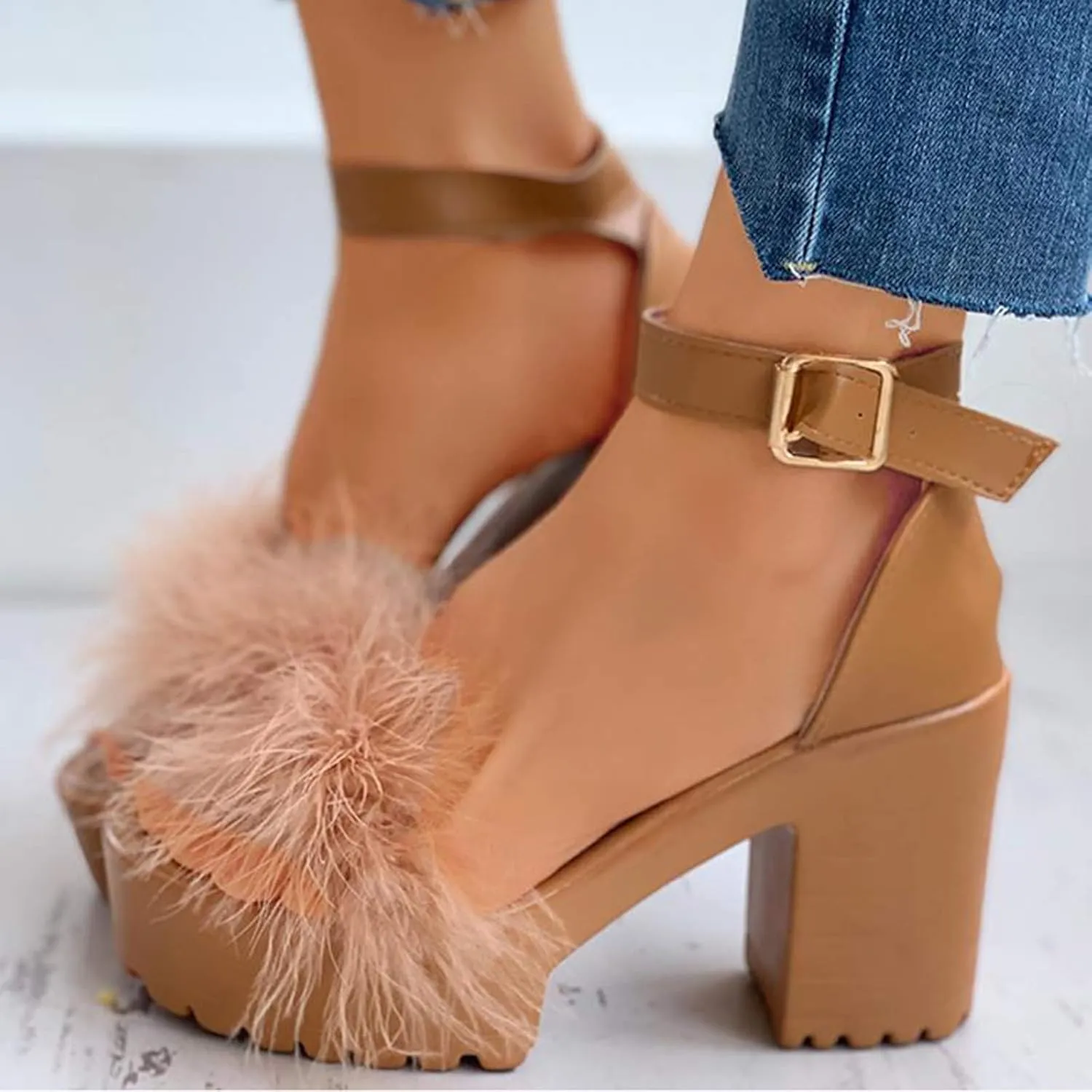 Chunky Heels for Women Feather Platform Heels Open Toe High Heels Ankle Strap Fuzzy Buckle Block Heeled Shoes Party