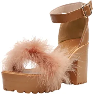 Chunky Heels for Women Feather Platform Heels Open Toe High Heels Ankle Strap Fuzzy Buckle Block Heeled Shoes Party