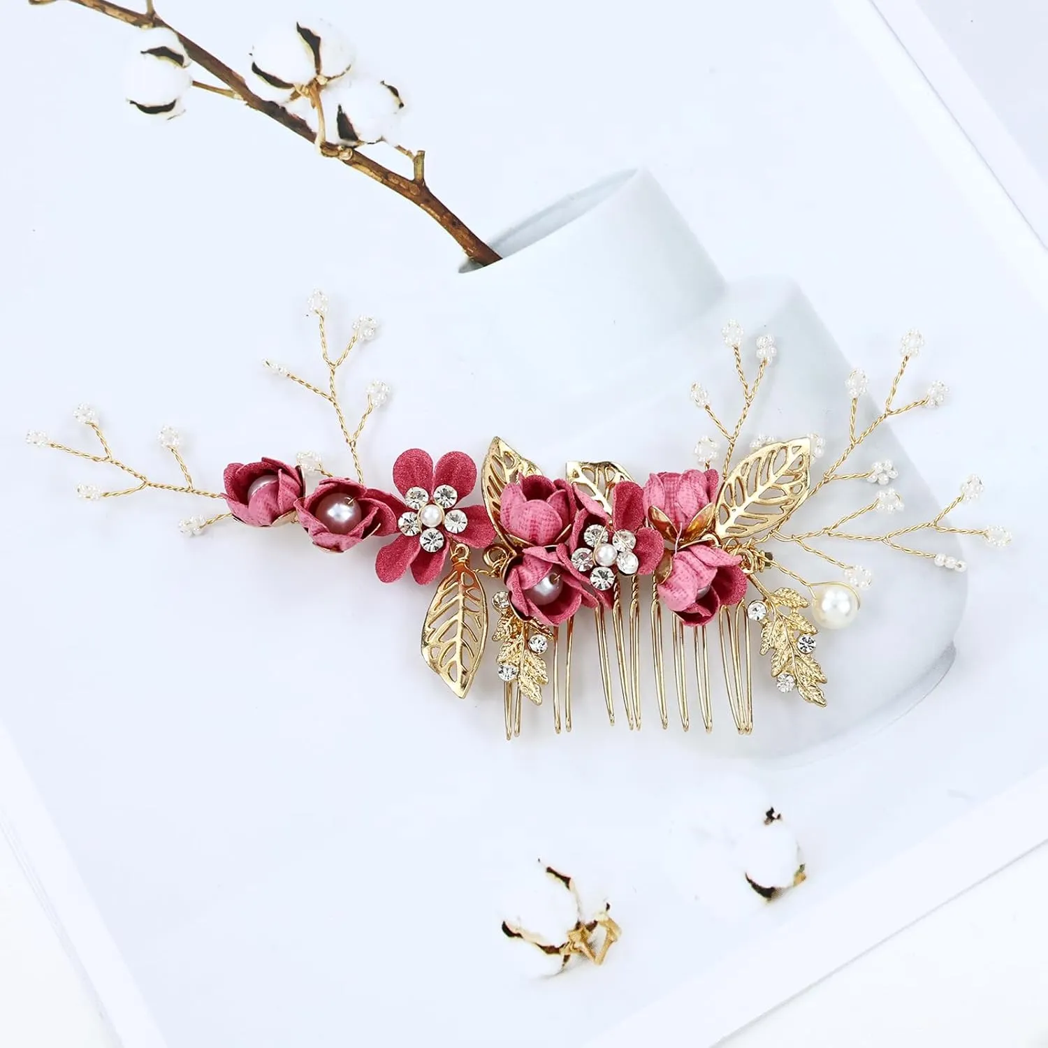 Cinaci 18 Pieces Bridal Wedding Party Prom Pearl Rhinestone Rose Red Flower Hair Side Combs Slides U-shaped Flower Hair Pins Twist Spiral Hairpins Floral Headpieces for Brides Bridesmaids Women Girls