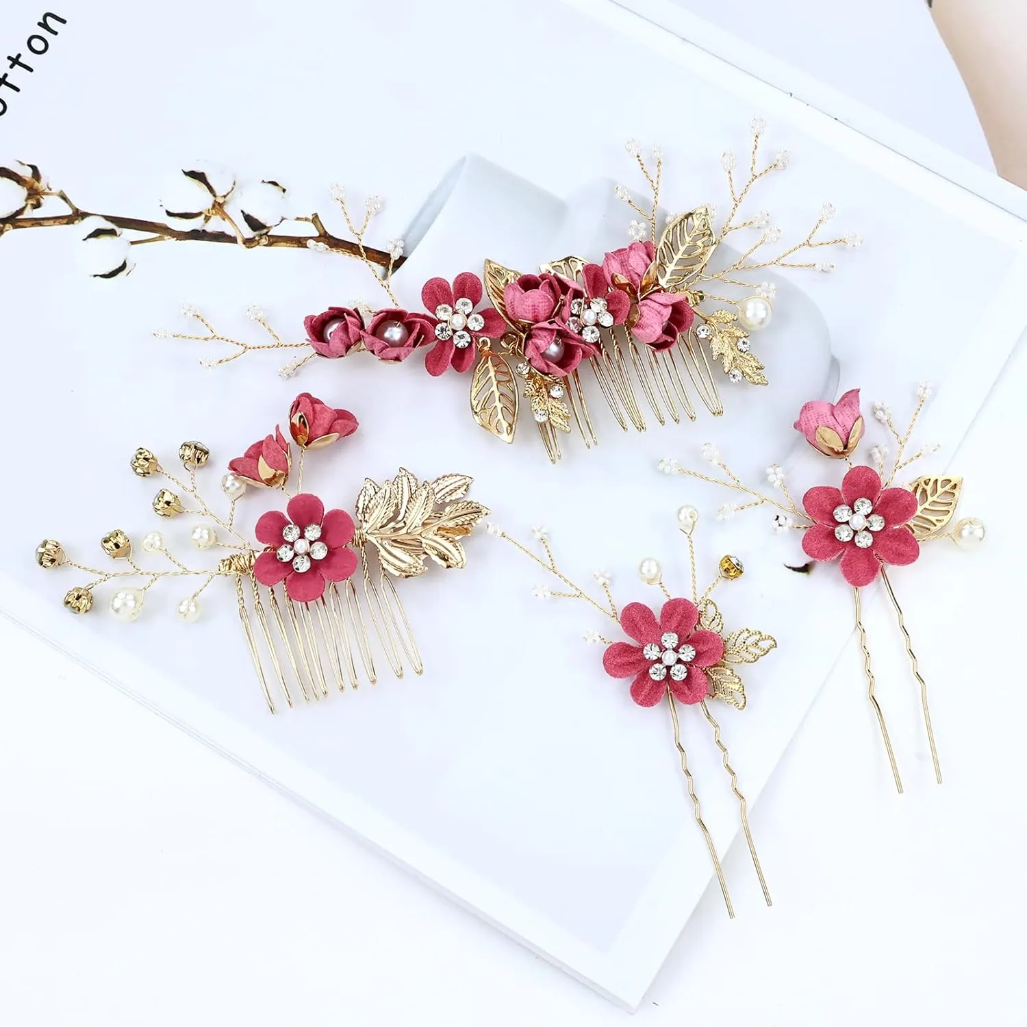 Cinaci 18 Pieces Bridal Wedding Party Prom Pearl Rhinestone Rose Red Flower Hair Side Combs Slides U-shaped Flower Hair Pins Twist Spiral Hairpins Floral Headpieces for Brides Bridesmaids Women Girls