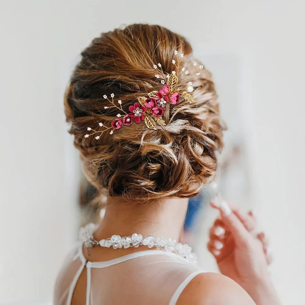Cinaci 18 Pieces Bridal Wedding Party Prom Pearl Rhinestone Rose Red Flower Hair Side Combs Slides U-shaped Flower Hair Pins Twist Spiral Hairpins Floral Headpieces for Brides Bridesmaids Women Girls