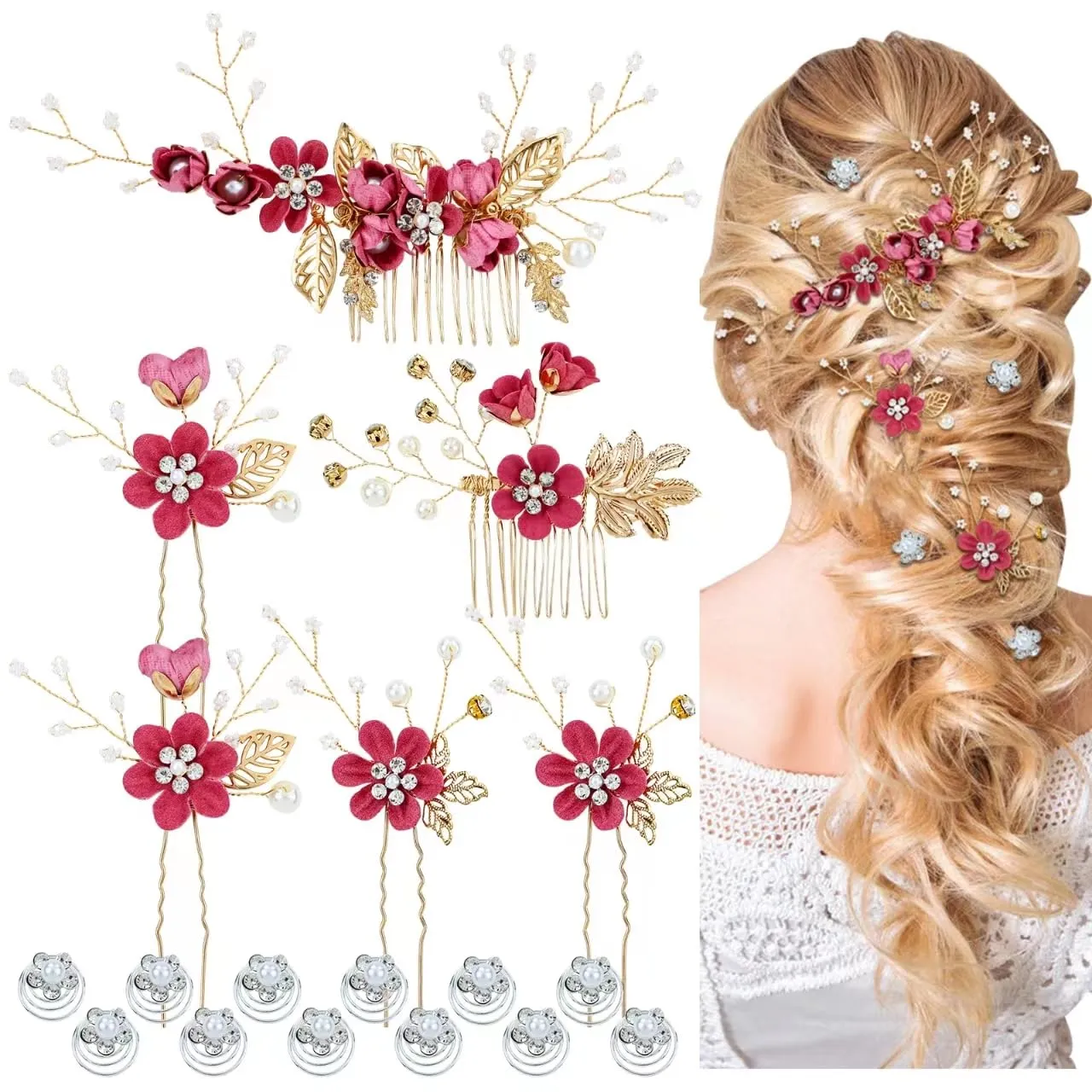 Cinaci 18 Pieces Bridal Wedding Party Prom Pearl Rhinestone Rose Red Flower Hair Side Combs Slides U-shaped Flower Hair Pins Twist Spiral Hairpins Floral Headpieces for Brides Bridesmaids Women Girls