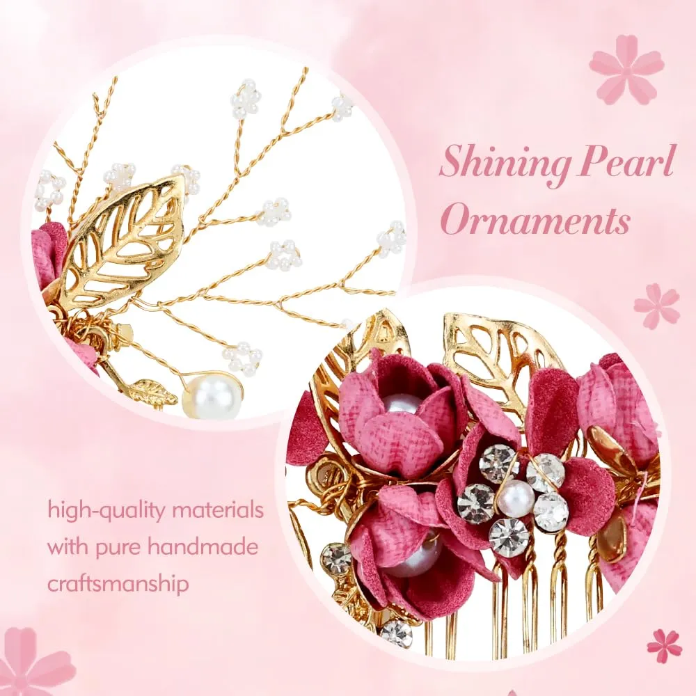 Cinaci 18 Pieces Bridal Wedding Party Prom Pearl Rhinestone Rose Red Flower Hair Side Combs Slides U-shaped Flower Hair Pins Twist Spiral Hairpins Floral Headpieces for Brides Bridesmaids Women Girls
