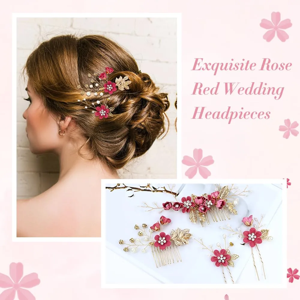 Cinaci 18 Pieces Bridal Wedding Party Prom Pearl Rhinestone Rose Red Flower Hair Side Combs Slides U-shaped Flower Hair Pins Twist Spiral Hairpins Floral Headpieces for Brides Bridesmaids Women Girls