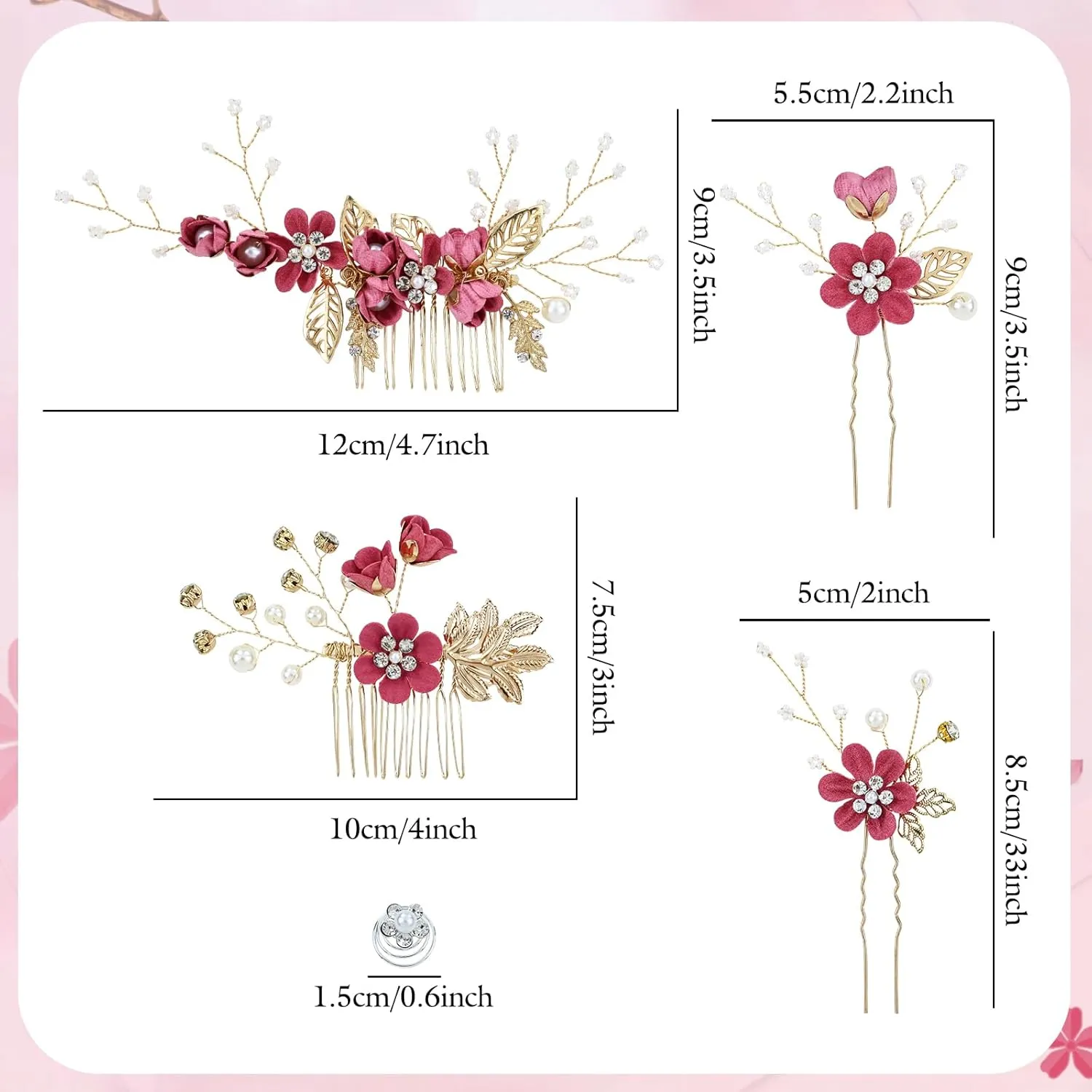 Cinaci 18 Pieces Bridal Wedding Party Prom Pearl Rhinestone Rose Red Flower Hair Side Combs Slides U-shaped Flower Hair Pins Twist Spiral Hairpins Floral Headpieces for Brides Bridesmaids Women Girls