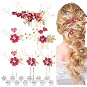 Cinaci 18 Pieces Bridal Wedding Party Prom Pearl Rhinestone Rose Red Flower Hair Side Combs Slides U-shaped Flower Hair Pins Twist Spiral Hairpins Floral Headpieces for Brides Bridesmaids Women Girls